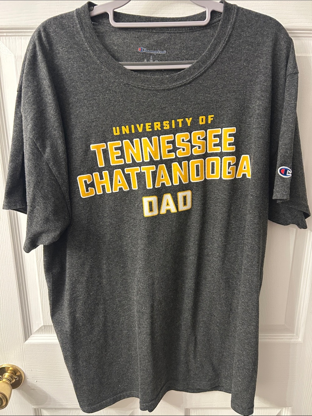 Champion Dark Gray T‑Shirt with Yellow & White University Graphic